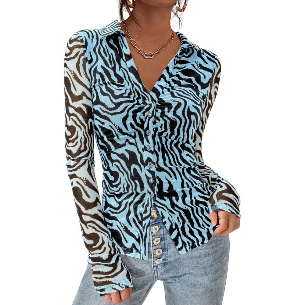 Women Zebra Blue Button Down Floral Shirt Trendy Long Sleeve V Neck Blouse Top